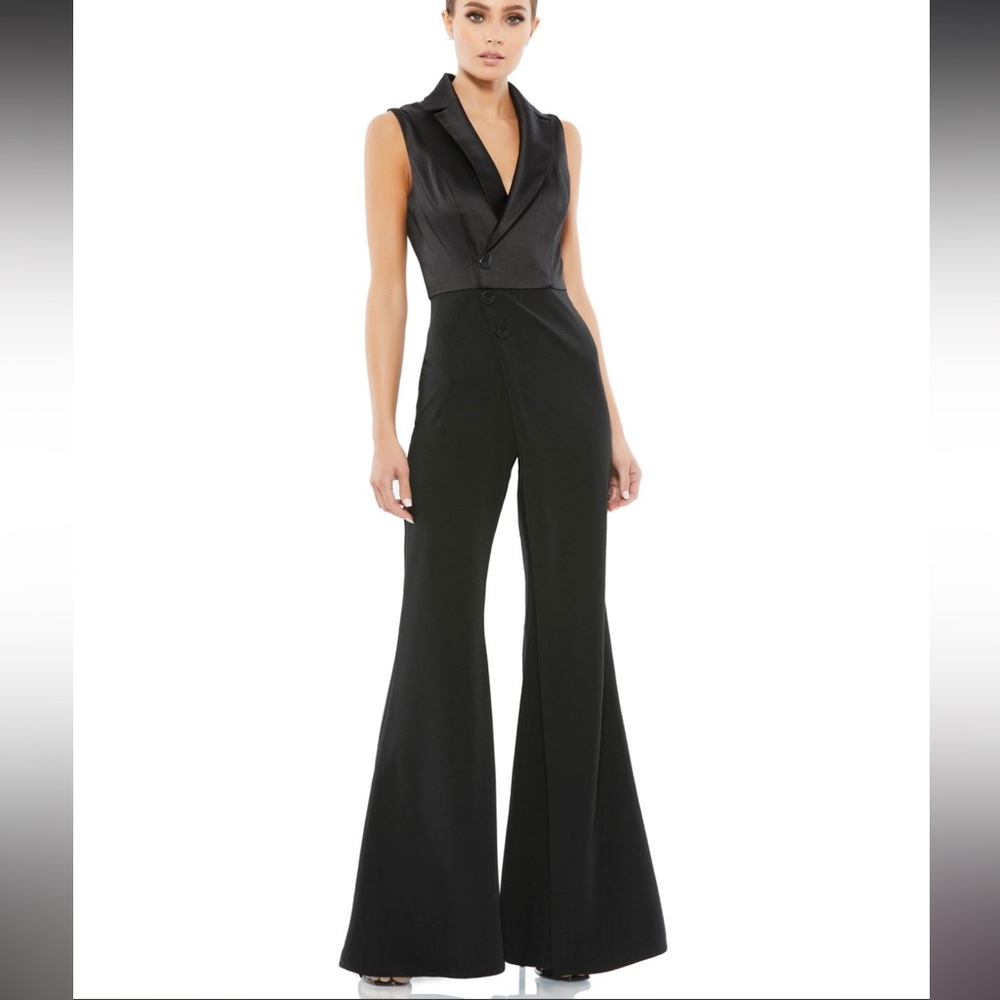 Ieena for Mac Duggal Black Satin Collar Single Breasted Wide Leg Jumpsuit NWT 2